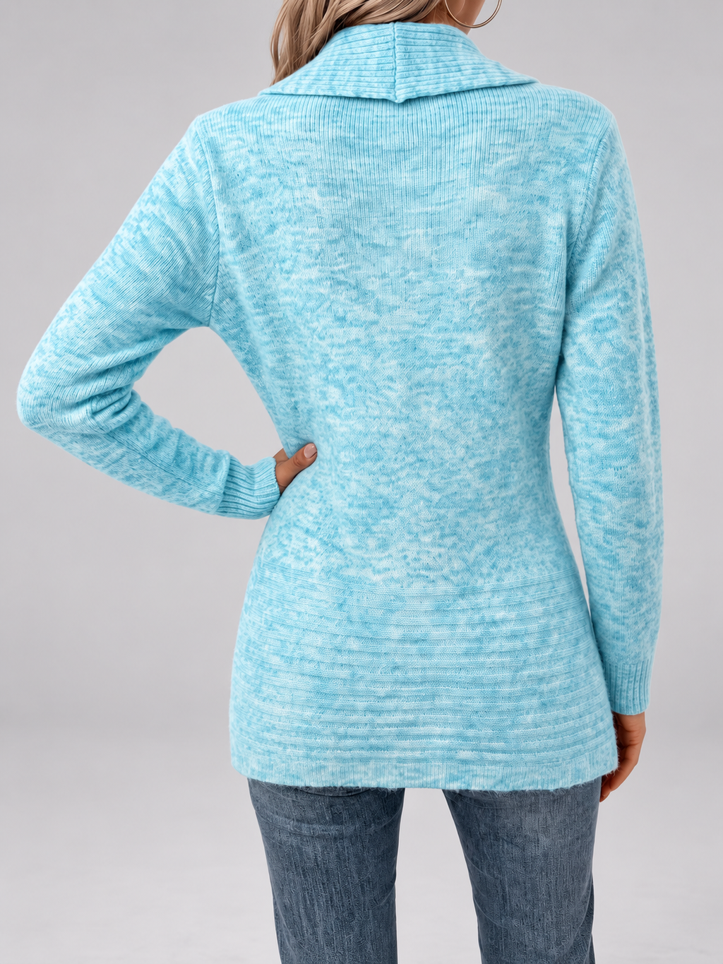 Women's Longline Knit Cardigan with Shawl Collar and Button Tabs