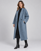 Women's Longline Coat with Notch Lapel and Double Breasted Front