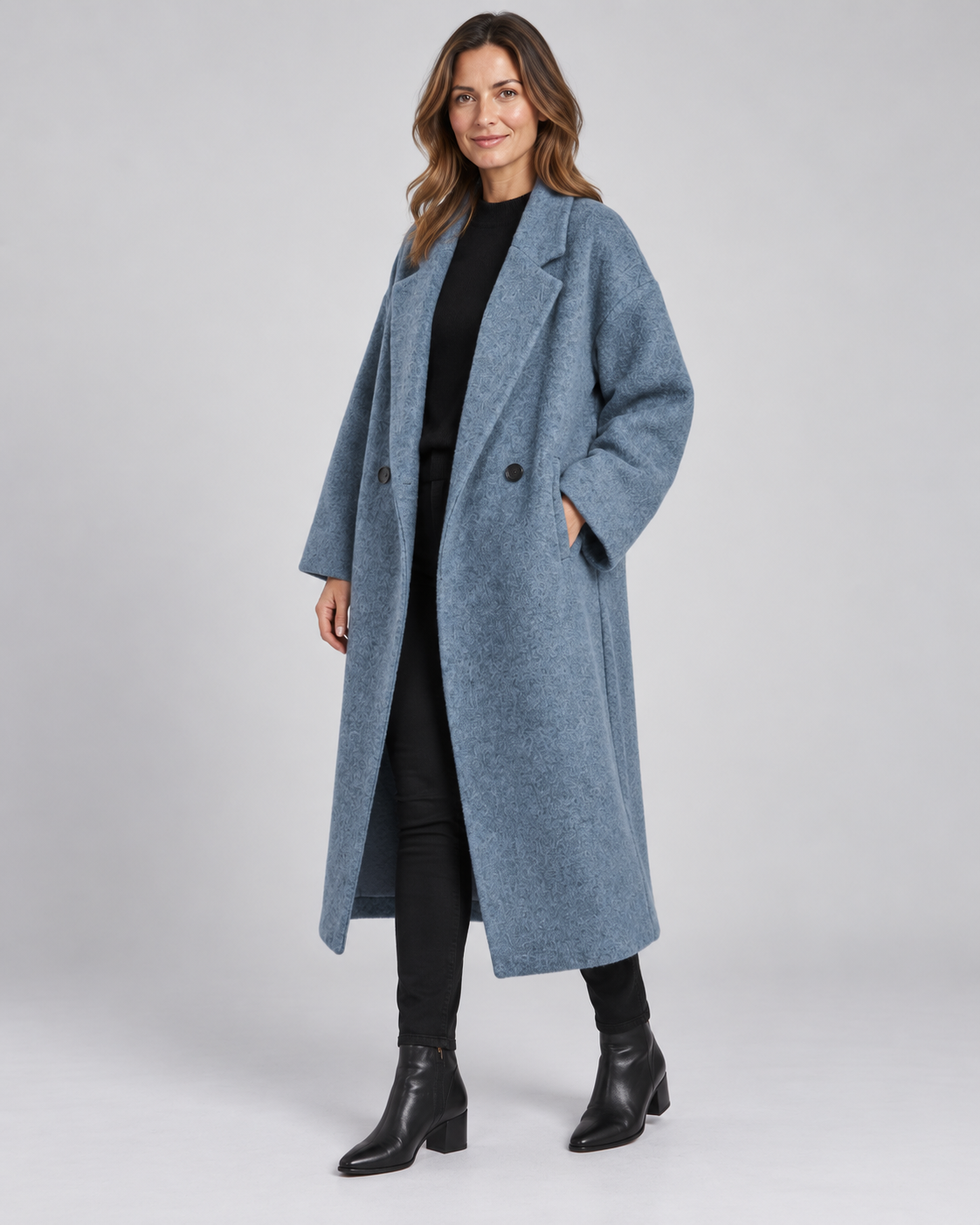 Women's Longline Coat with Notch Lapel and Double Breasted Front