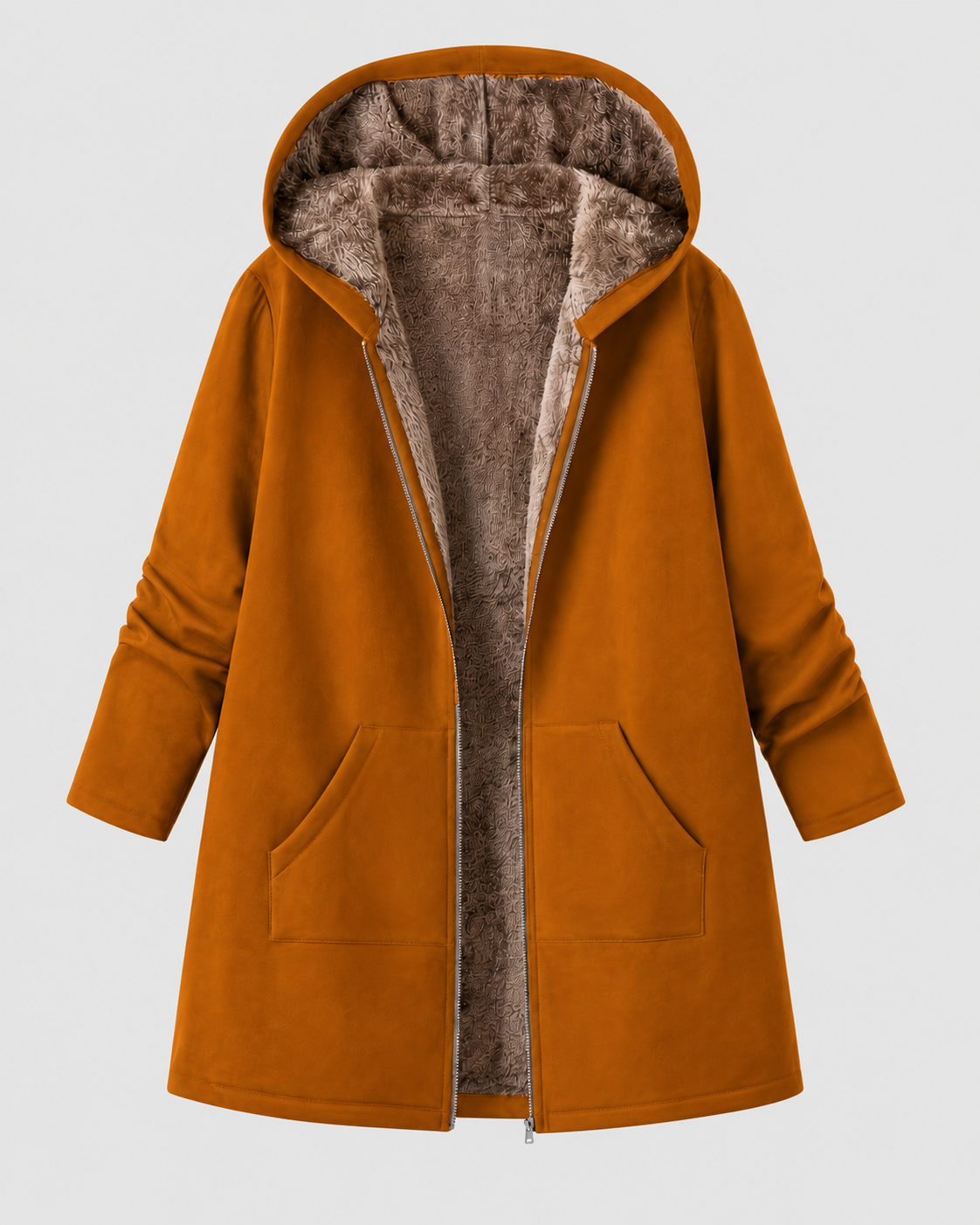 Women's Fleece Lined Hooded Longline Jacket with Zip Front