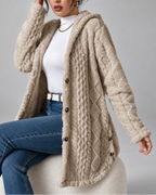Women's Hooded Plush Cable Knit Longline Cardigan with Button Front