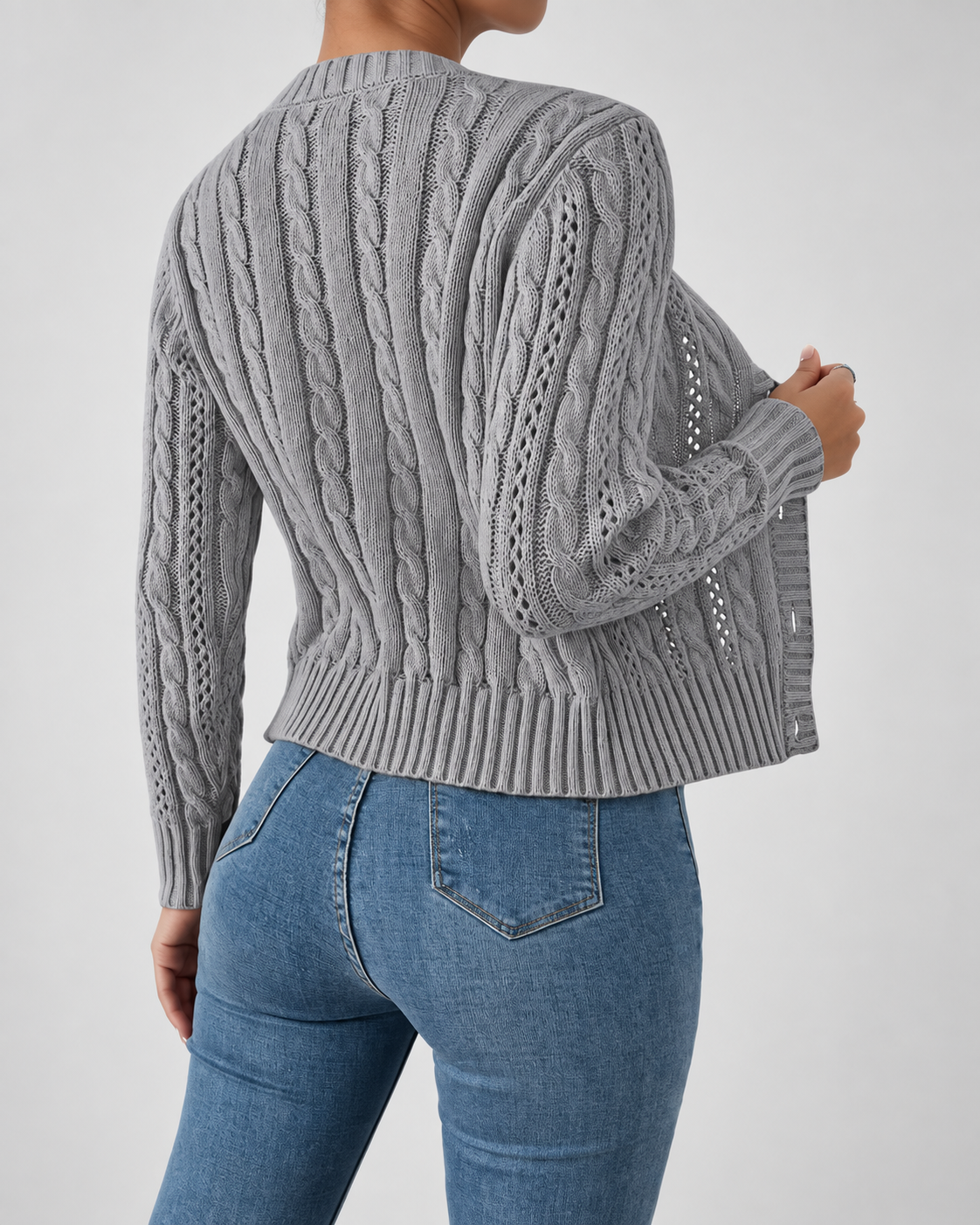 Women's Cable Knit Cardigan with Round Neck and Button Front