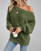 Women's Batwing Sleeve Ribbed Knit Jumper with Off Shoulder Neck