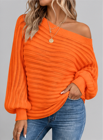 Women's Batwing Sleeve Ribbed Knit Jumper with Off Shoulder Neck