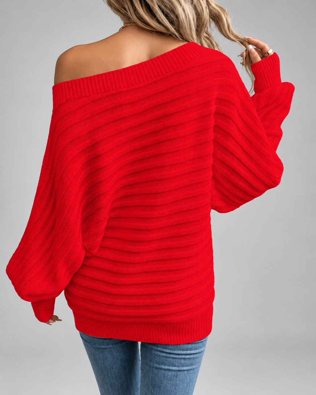 Women's Batwing Sleeve Ribbed Knit Jumper with Off Shoulder Neck