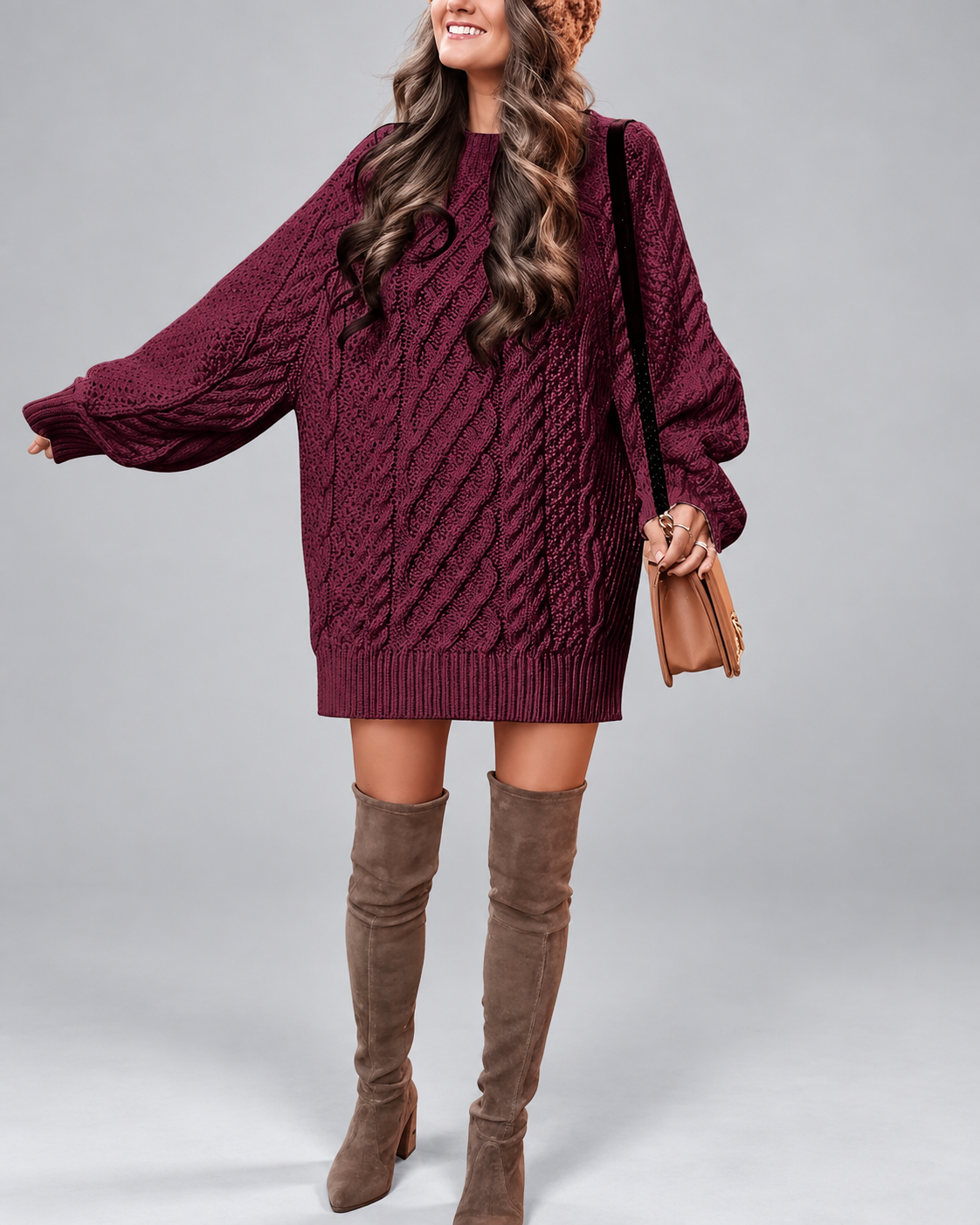 Women's Cable Knit Oversized Jumper Dress with Balloon Sleeves