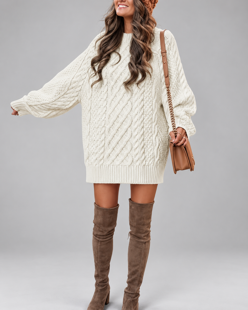 Women's Cable Knit Oversized Jumper Dress with Balloon Sleeves