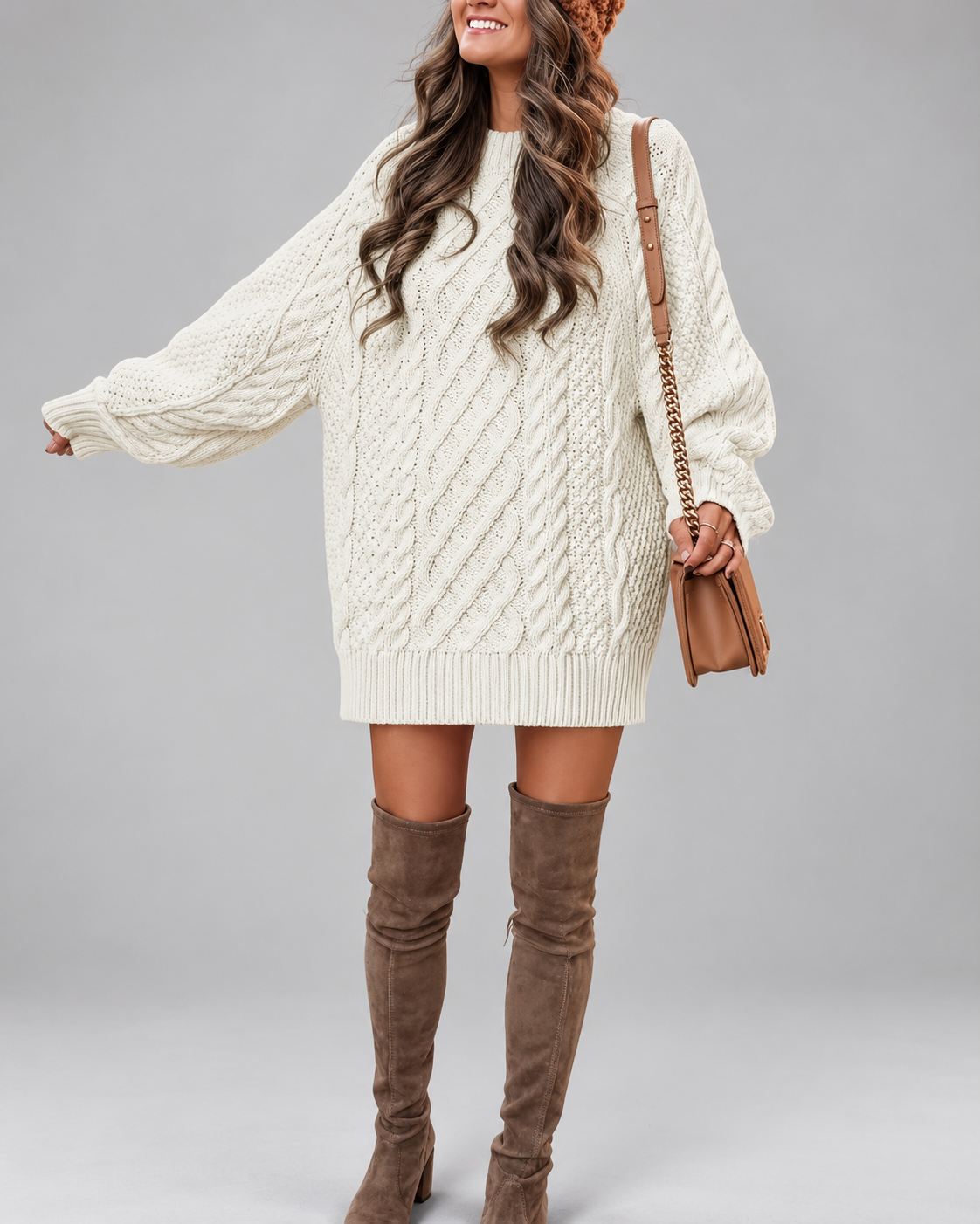 Women's Cable Knit Oversized Jumper Dress with Balloon Sleeves