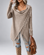 Women's Draped Knit Cardigan with Fringe Trim and Open Front