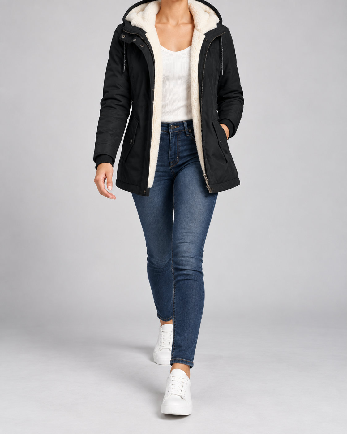 Women's Hooded Fleece-Lined Parka Coat with Zip Front