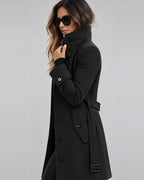 Women's Long Wool Blend Coat with High Collar and Button Front