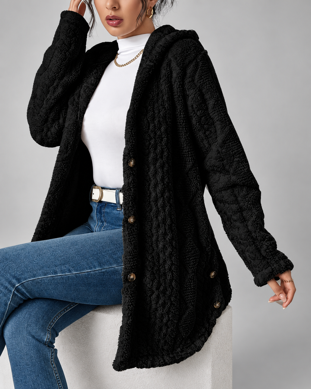 Women's Hooded Plush Cable Knit Longline Cardigan with Button Front