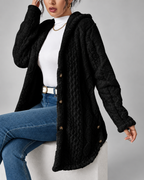 Women's Hooded Plush Cable Knit Longline Cardigan with Button Front
