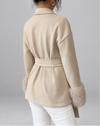 Women's Belted Blazer Jacket with Faux Fur Cuffs