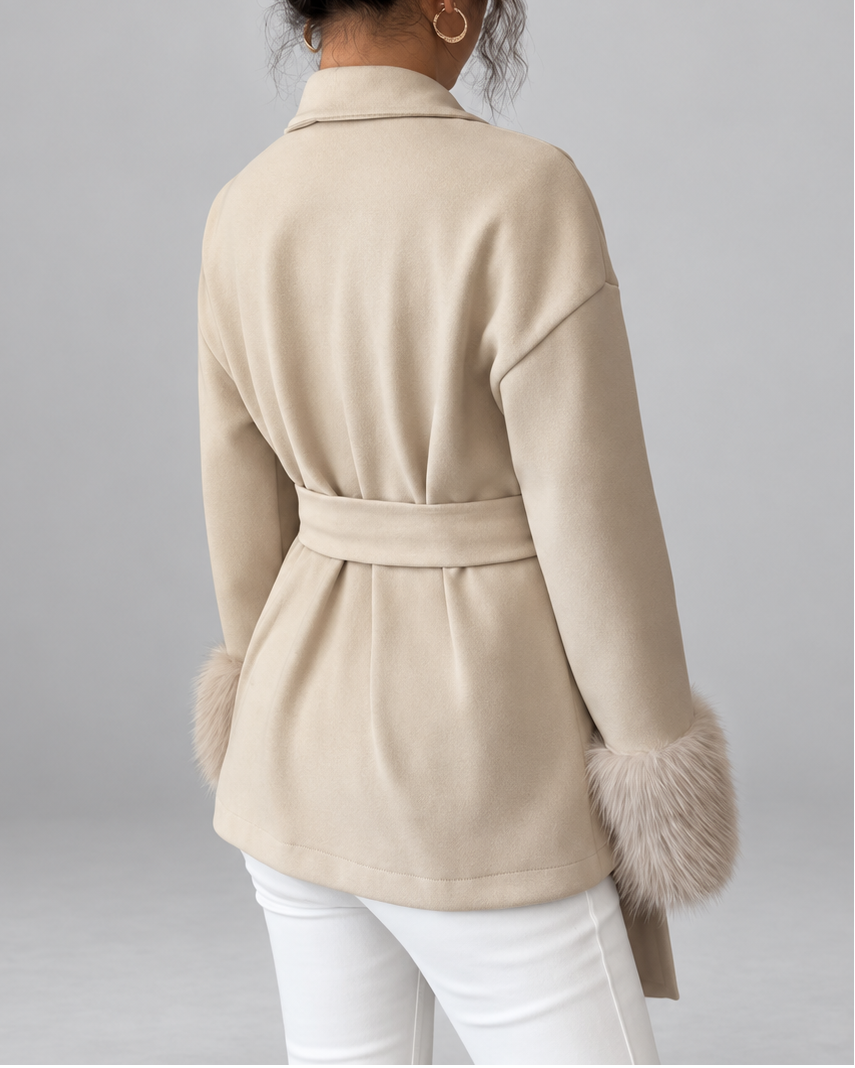 Women's Belted Blazer Jacket with Faux Fur Cuffs
