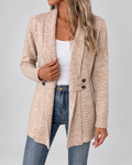 Women's Longline Knit Cardigan with Shawl Collar and Button Tabs