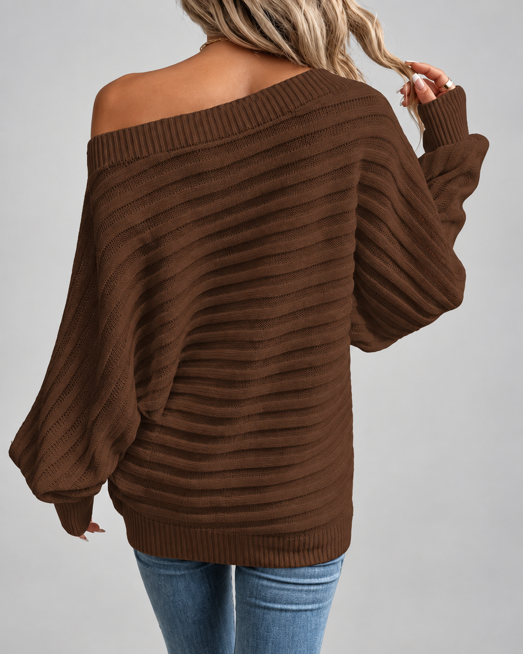 Women's Batwing Sleeve Ribbed Knit Jumper with Off Shoulder Neck