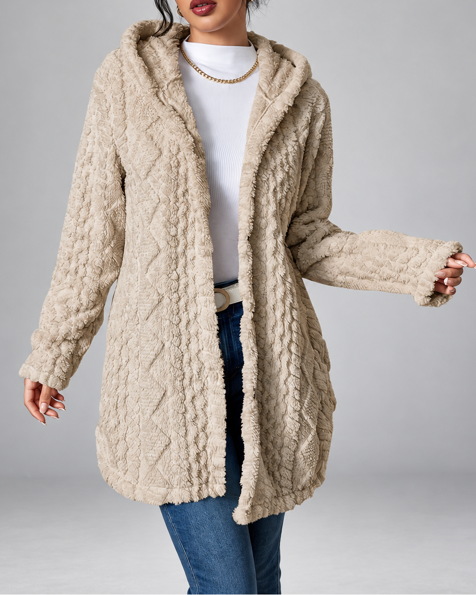 Women's Hooded Plush Cable Knit Longline Cardigan with Button Front