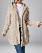 Women's Hooded Plush Cable Knit Longline Cardigan with Button Front