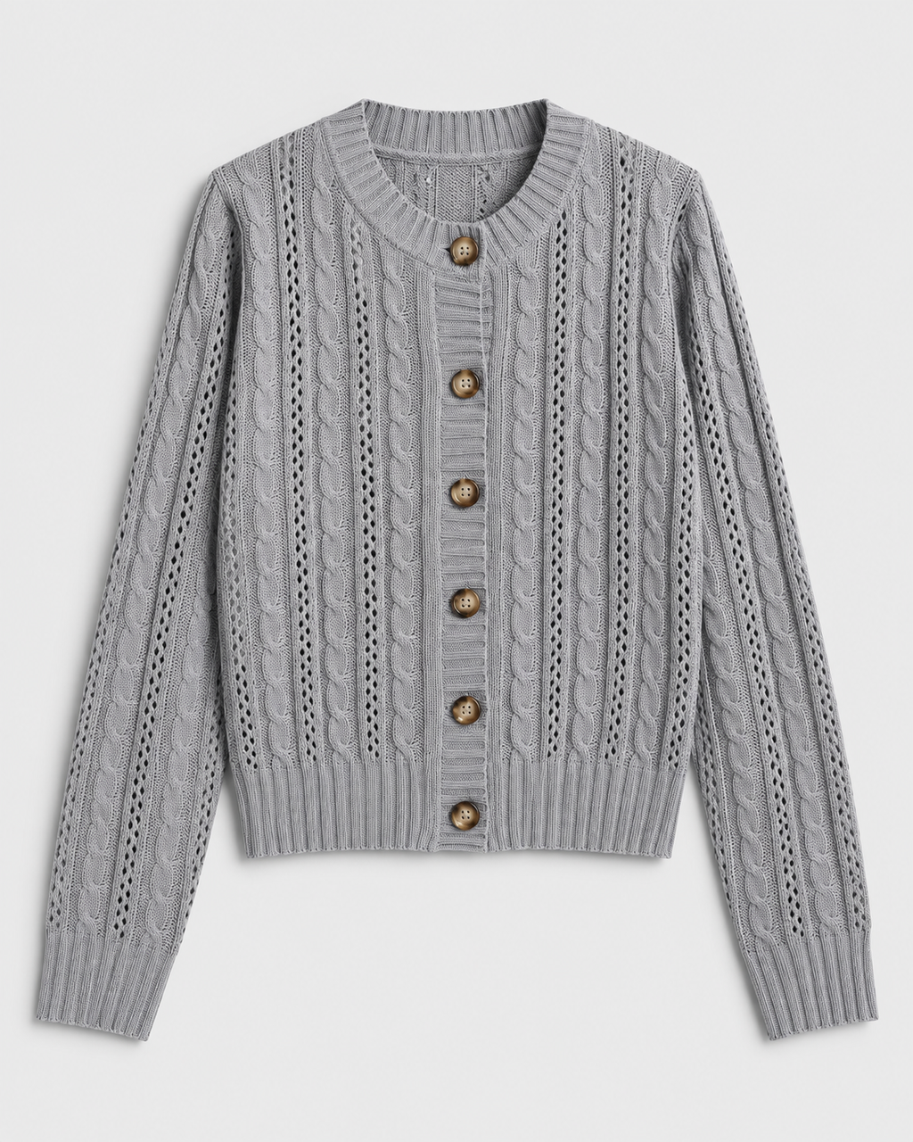 Women's Cable Knit Cardigan with Round Neck and Button Front