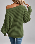Women's Batwing Sleeve Ribbed Knit Jumper with Off Shoulder Neck