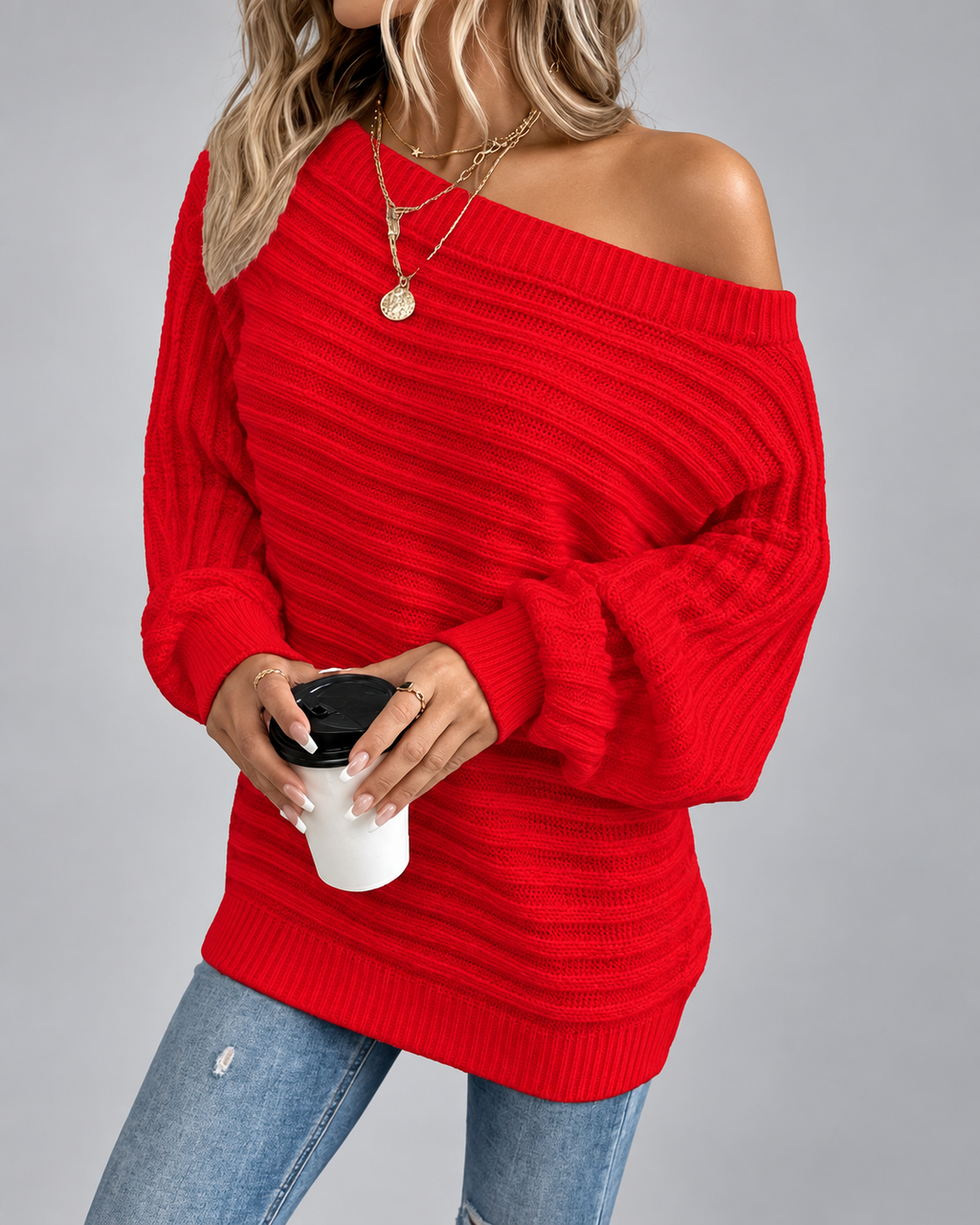 Women's Batwing Sleeve Ribbed Knit Jumper with Off Shoulder Neck