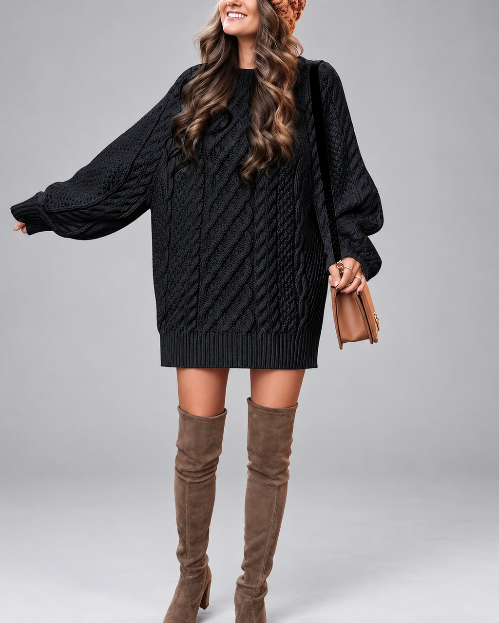 Women's Cable Knit Oversized Jumper Dress with Balloon Sleeves