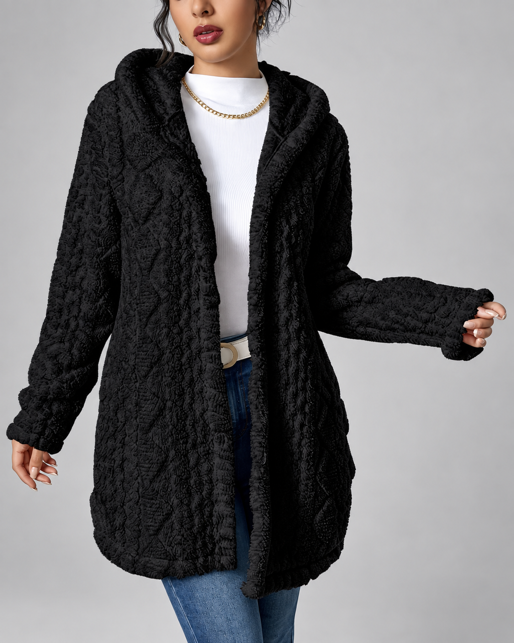 Women's Hooded Plush Cable Knit Longline Cardigan with Button Front