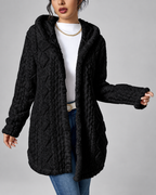 Women's Hooded Plush Cable Knit Longline Cardigan with Button Front