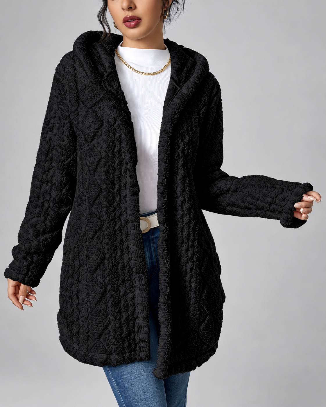Women's Hooded Plush Cable Knit Longline Cardigan with Button Front
