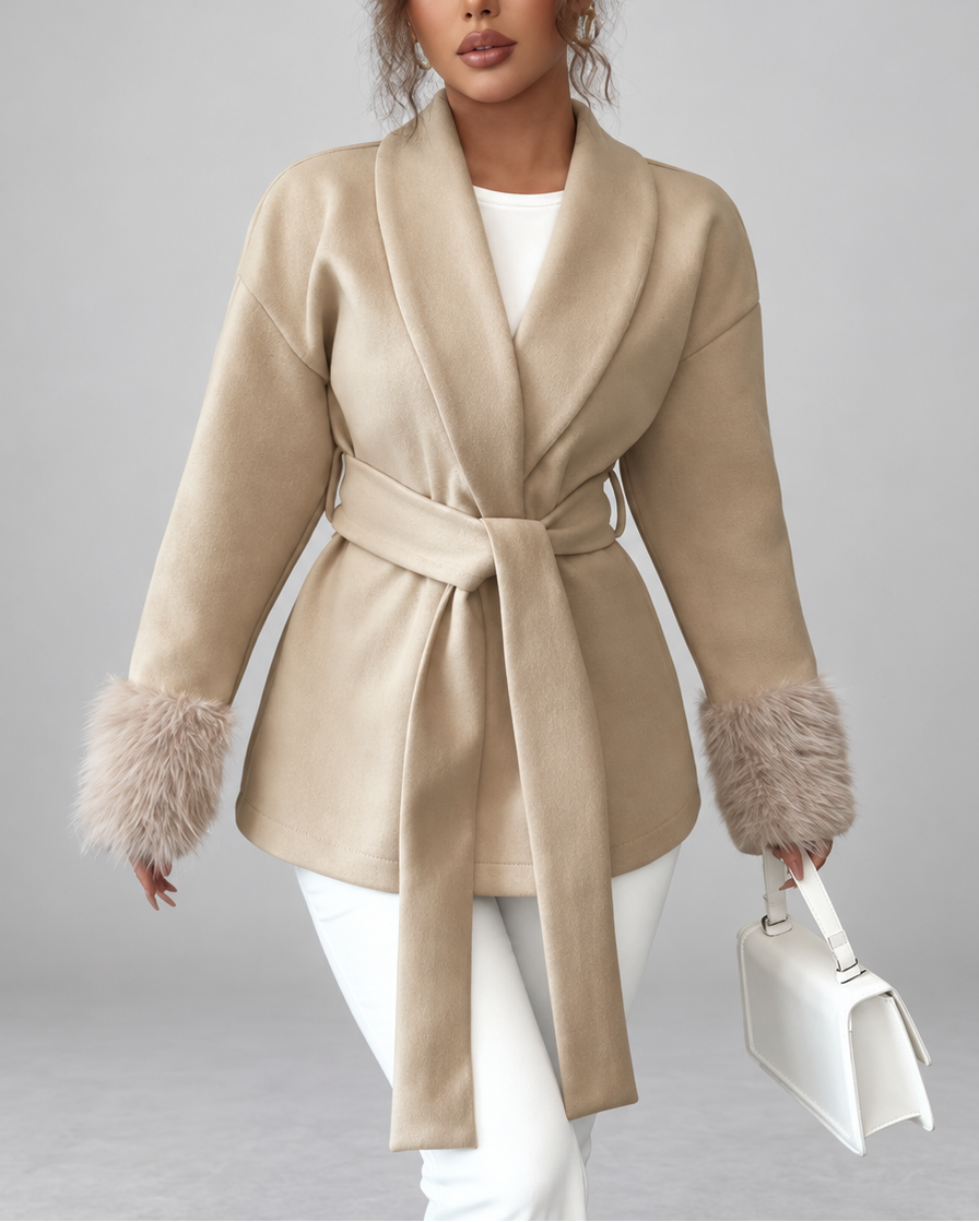 Women's Belted Blazer Jacket with Faux Fur Cuffs