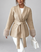 Women's Belted Blazer Jacket with Faux Fur Cuffs