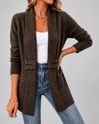 Women's Longline Knit Cardigan with Shawl Collar and Button Tabs