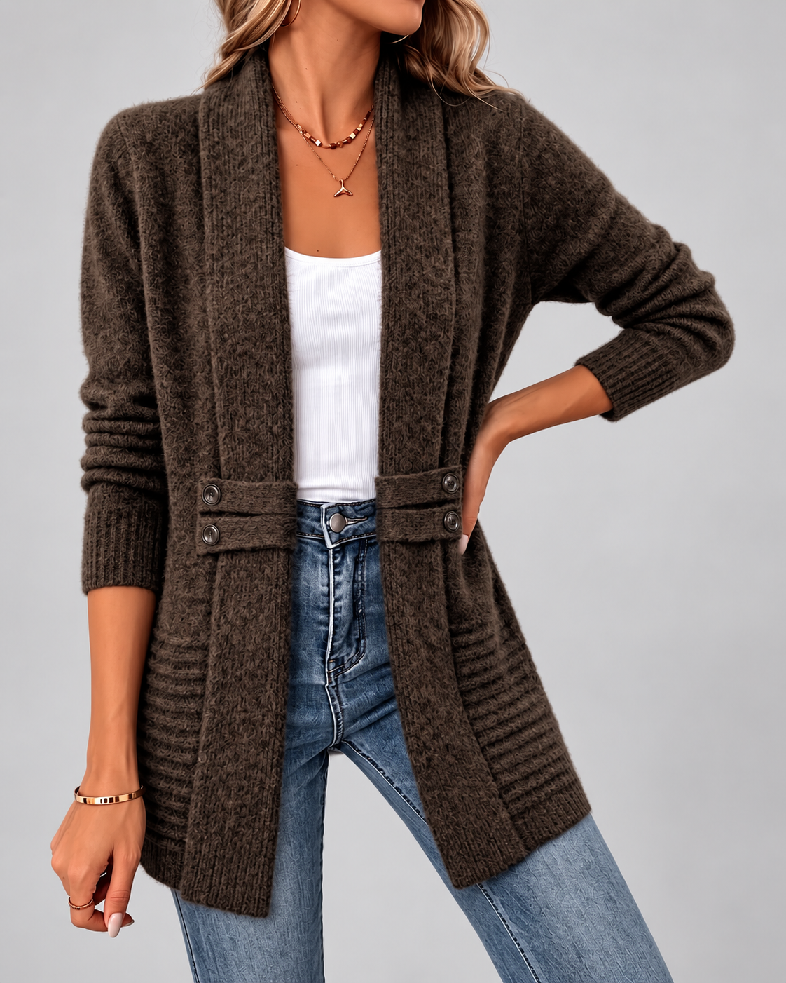 Women's Longline Knit Cardigan with Shawl Collar and Button Tabs