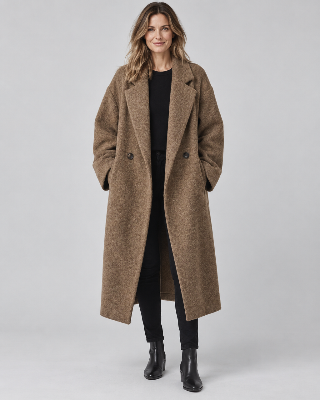 Women's Longline Coat with Notch Lapel and Double Breasted Front