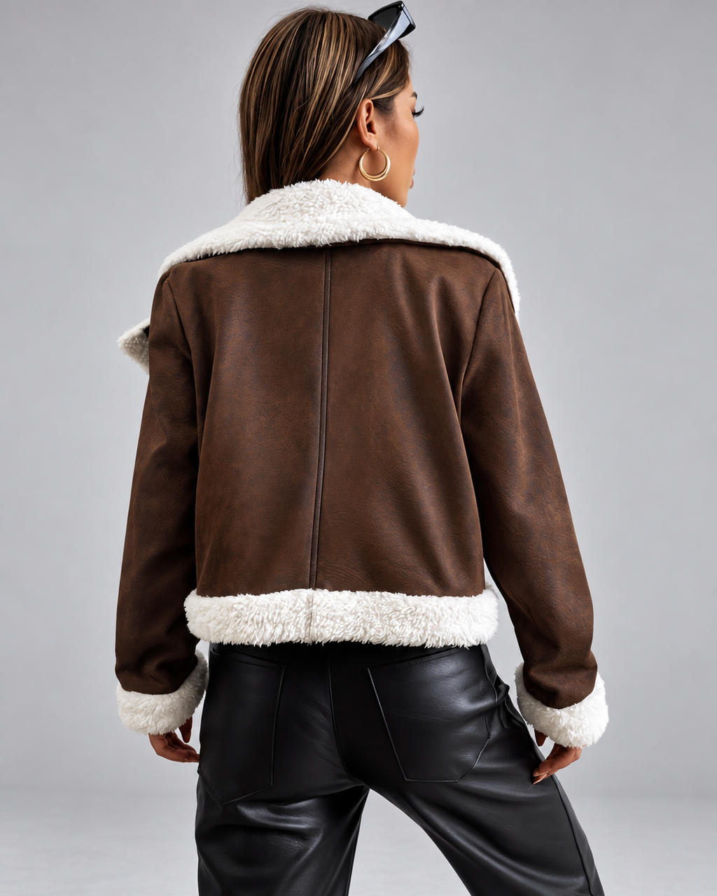 Women's Suede Style Aviator Jacket with Shearling Collar and Zip Front