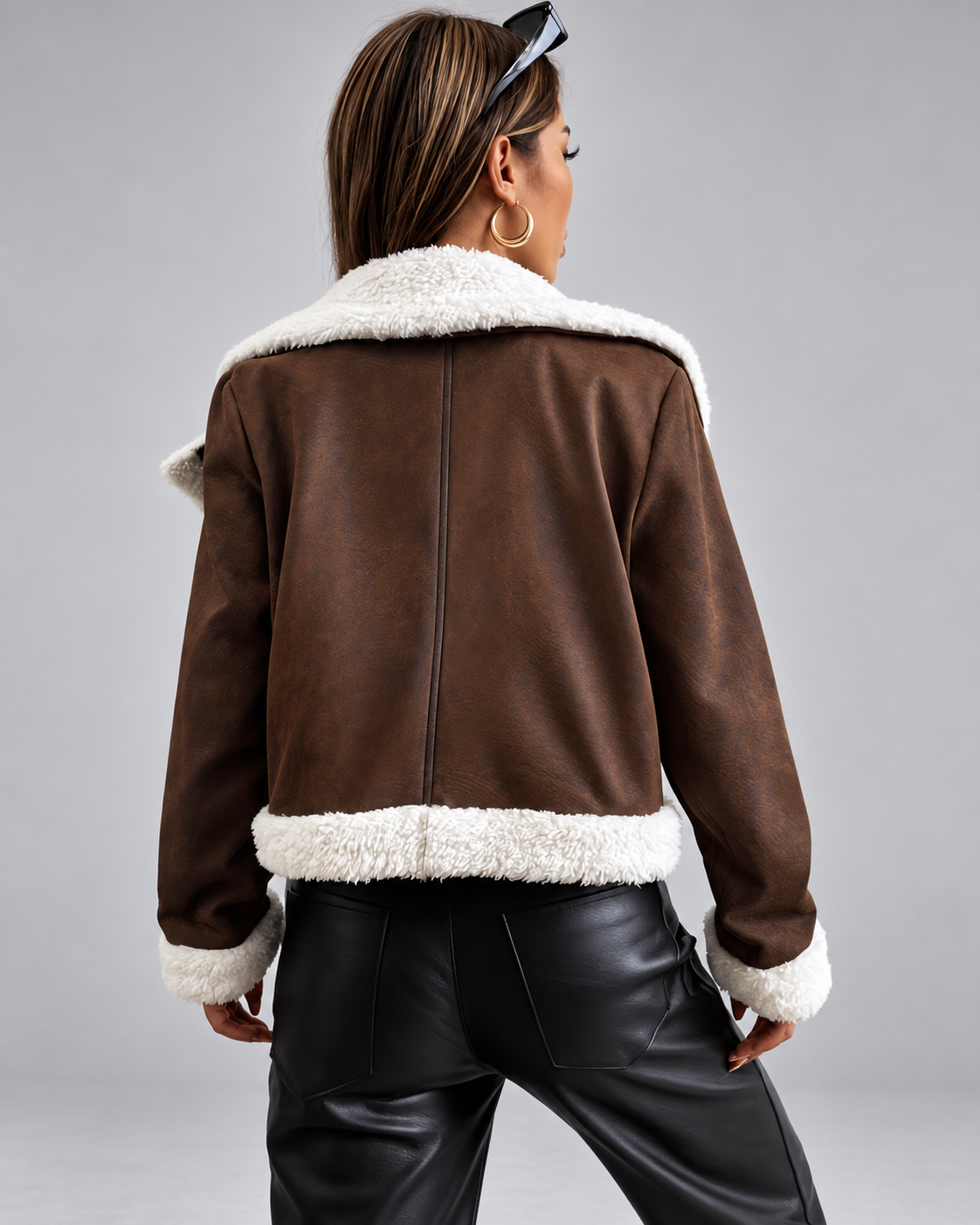 Women's Suede Style Aviator Jacket with Shearling Collar and Zip Front