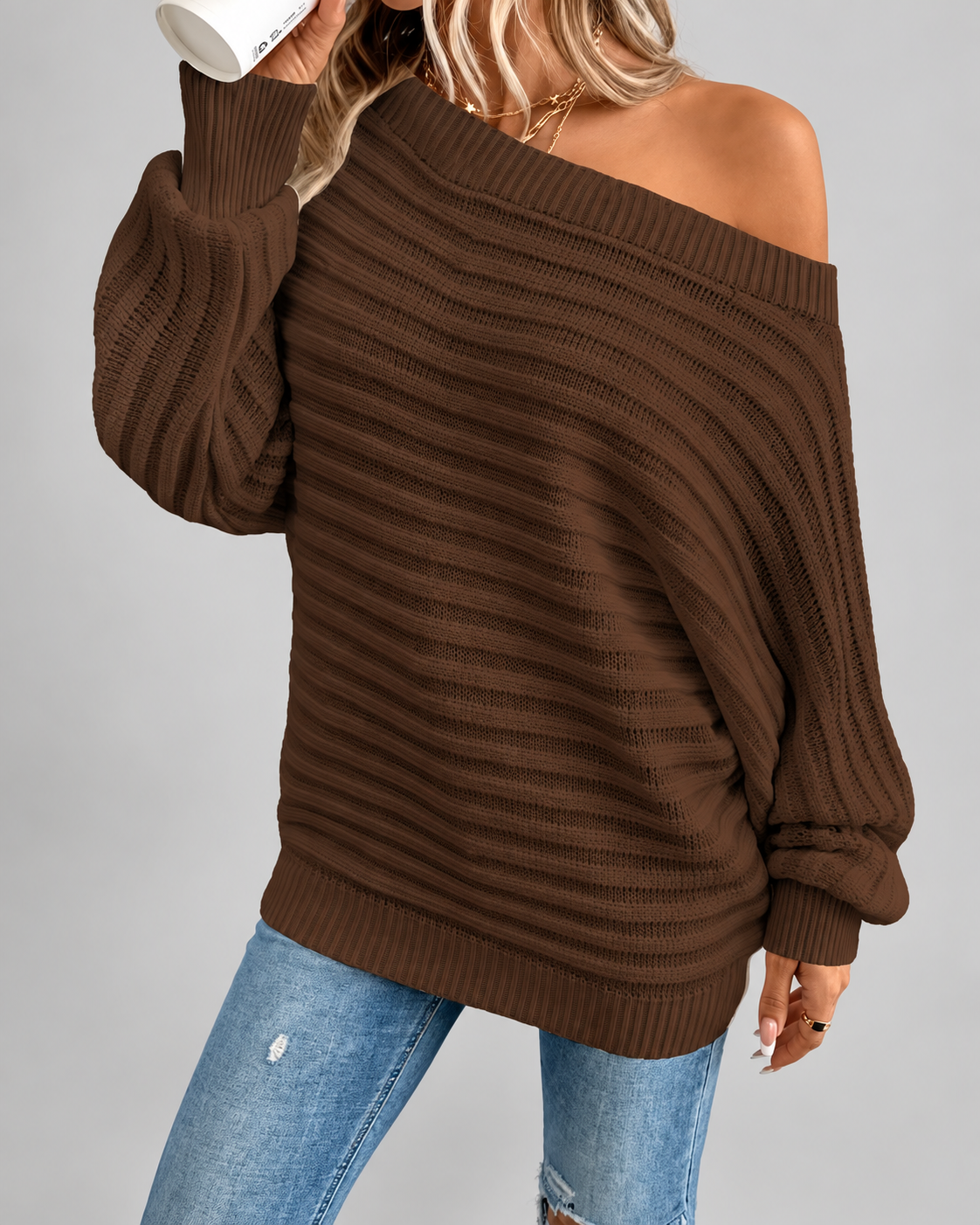 Women's Batwing Sleeve Ribbed Knit Jumper with Off Shoulder Neck