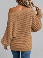 Women's Batwing Sleeve Ribbed Knit Jumper with Off Shoulder Neck