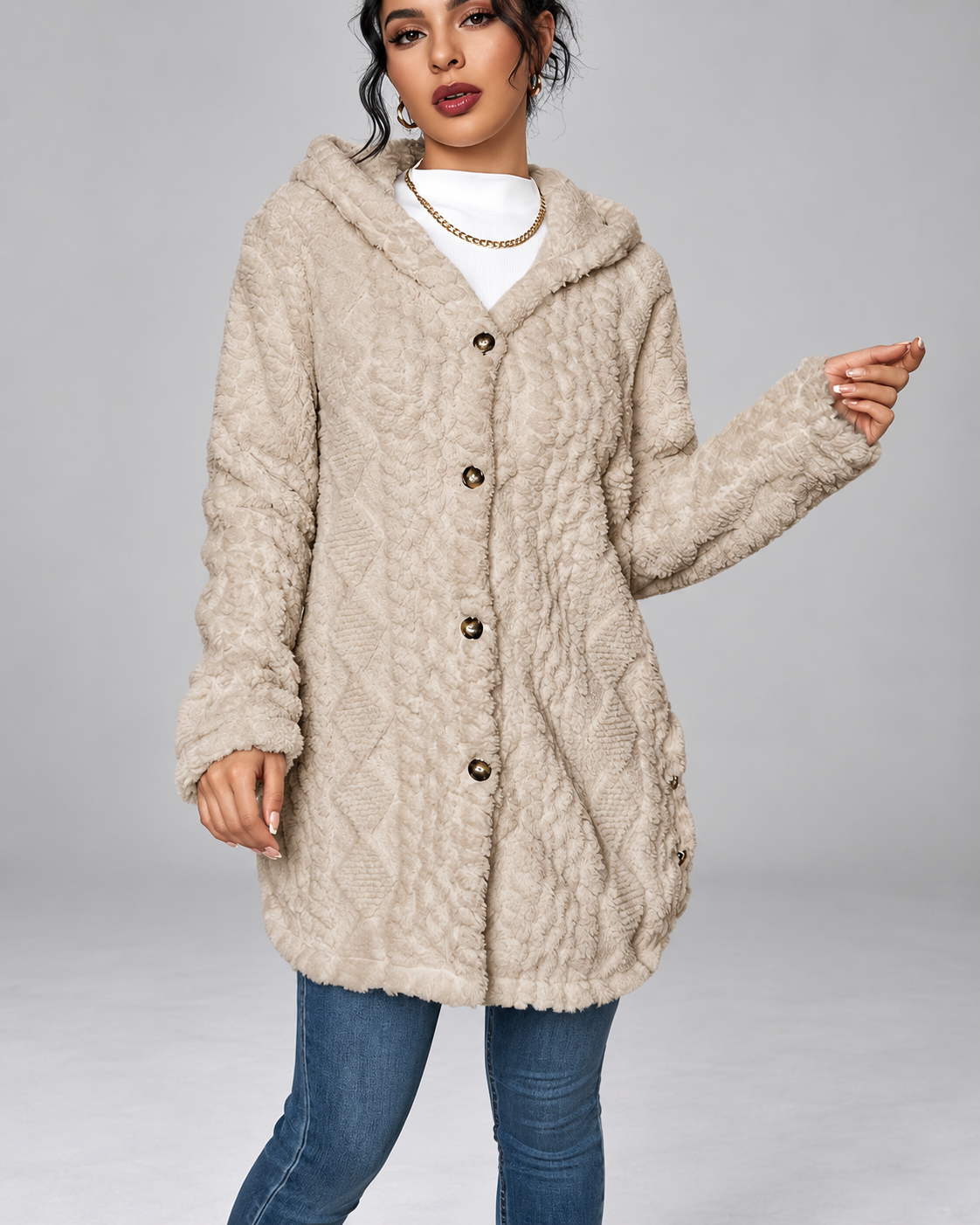 Women's Hooded Plush Cable Knit Longline Cardigan with Button Front