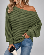 Women's Batwing Sleeve Ribbed Knit Jumper with Off Shoulder Neck