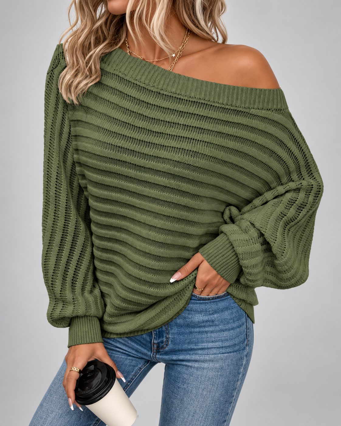 Women's Batwing Sleeve Ribbed Knit Jumper with Off Shoulder Neck