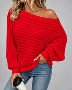 Women's Batwing Sleeve Ribbed Knit Jumper with Off Shoulder Neck
