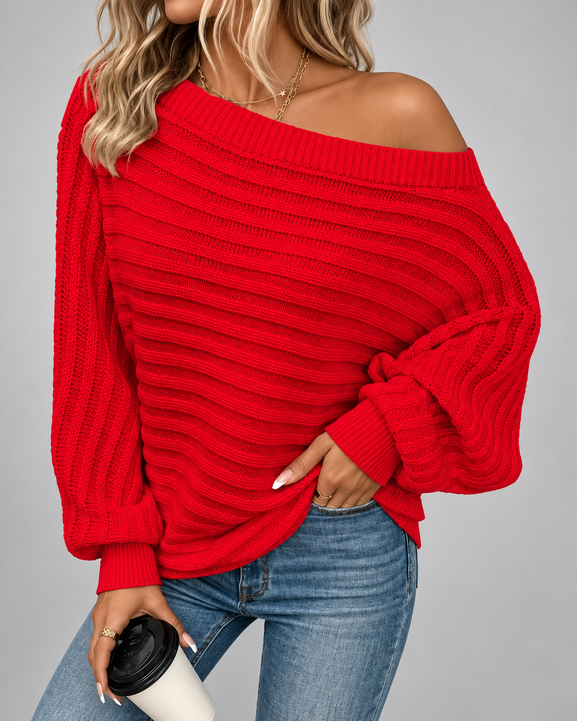 Women's Batwing Sleeve Ribbed Knit Jumper with Off Shoulder Neck
