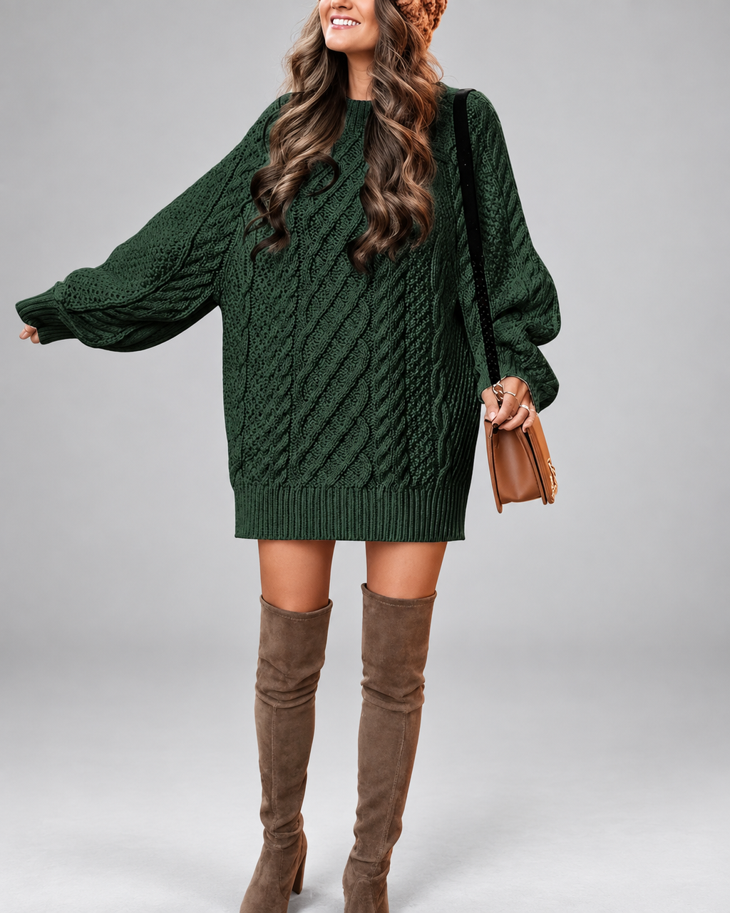 Women's Cable Knit Oversized Jumper Dress with Balloon Sleeves
