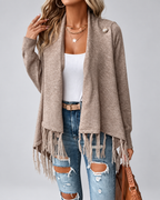 Women's Draped Knit Cardigan with Fringe Trim and Open Front
