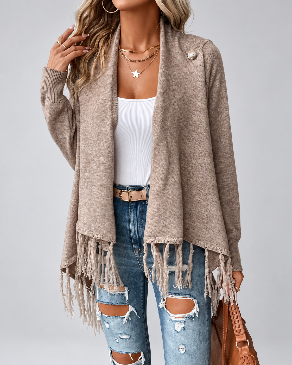 Women's Draped Knit Cardigan with Fringe Trim and Open Front