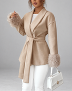 Women's Belted Blazer Jacket with Faux Fur Cuffs
