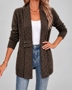 Women's Longline Knit Cardigan with Shawl Collar and Button Tabs