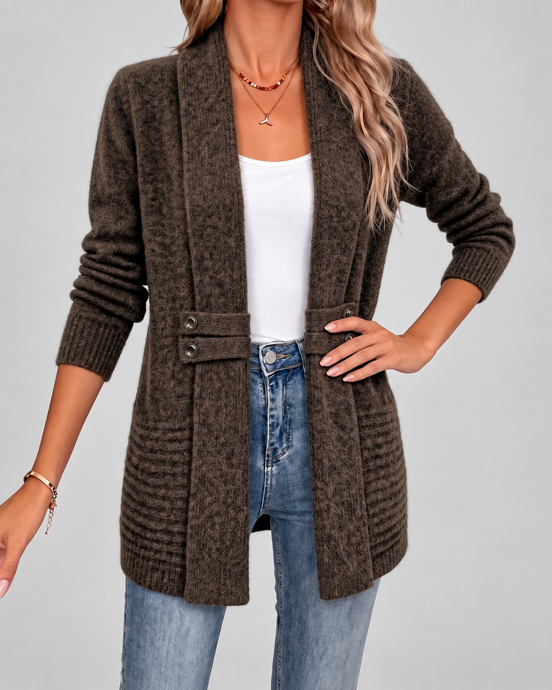 Women's Longline Knit Cardigan with Shawl Collar and Button Tabs